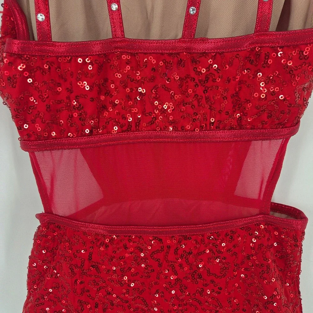 Balera Red Sequin Dance Leotard Mesh Rhinestone Cage Back Girls Large LC